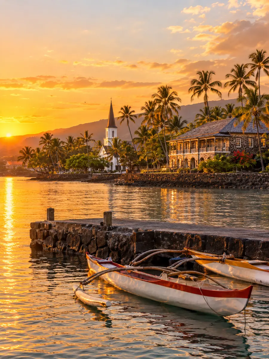 Die Uferpromenade von Kailua-Kona im goldenen Abendlicht mit Auslegerkanus am Steinpier und einem weißen Kirchturm zwischen Palmen