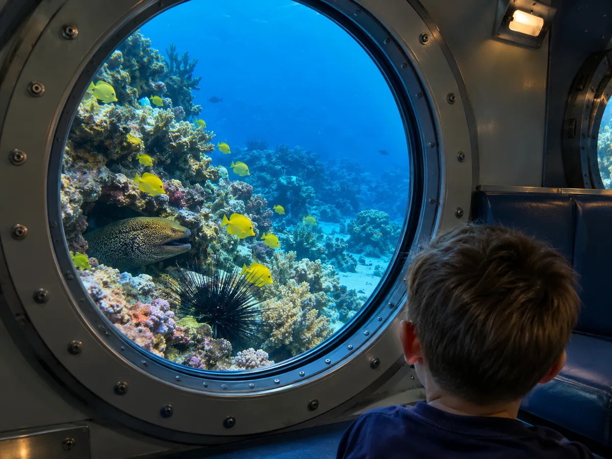 Ein Kind schaut durch ein U-Boot-Bullauge auf ein Riff mit Fischen und einer Muräne